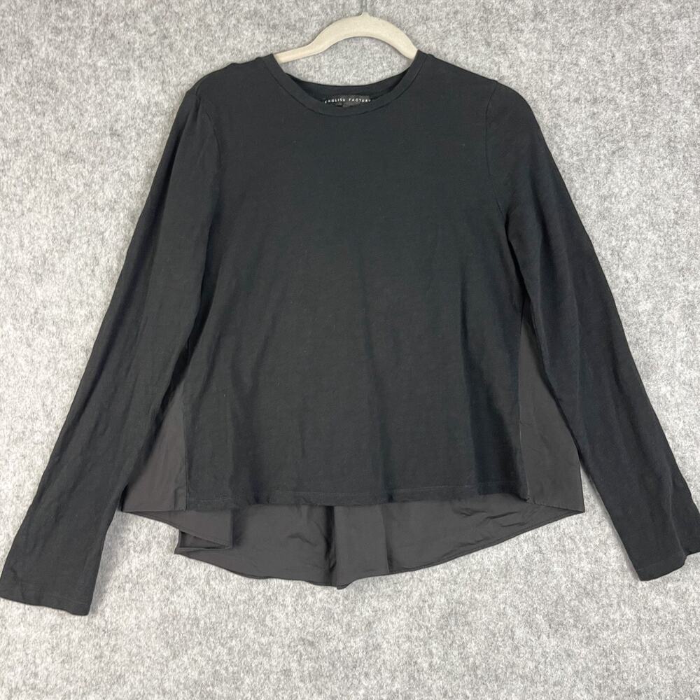 English Factory Top Womens Large Black Long Sleeve Ruffle Paneled Minimal Modest
